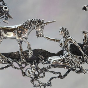 Unicorn and Maiden Fantasy Jewelry Necklace in Sterling Silver image 1