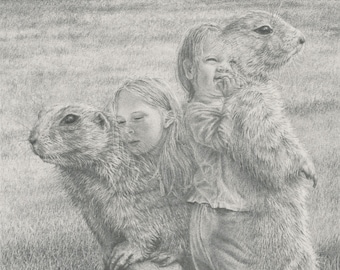 Impressão Giclée Spirit Prairie Dog and Girls: Desenho em grafite de edição limitada, título "Observação lúdica" da série "Animalia"