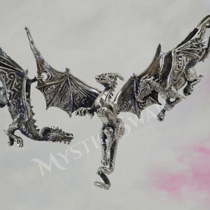 Dragon Necklace, Sterling Silver Fantasy Jewelry, 3 Dragon Bib Necklace,  Dragon Trio Statement Necklace