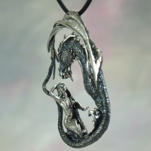 Mermaid & Dragon Enchantment Fantasy Jewelry Pendant in Sterling Silver image 4