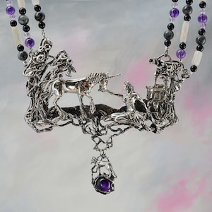 Unicorn and Maiden Fantasy Jewelry Necklace in Sterling Silver with Semi-Precious Beads