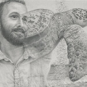 May include: Pencil drawing of a man with a beard, overlaid with a detailed sea turtle. The artwork is in grayscale, with the turtle's shell and flipper visible. Bubbles and ocean waves are in the background.