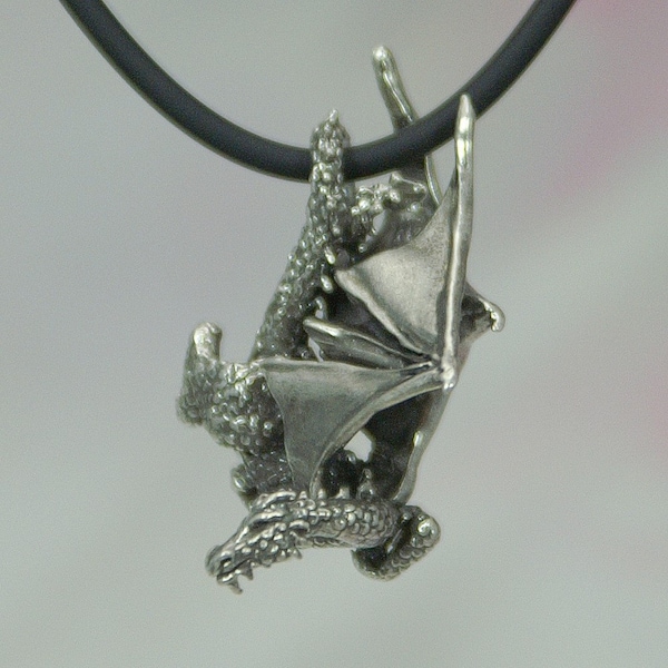Diving Dragon Necklace, Sterling Silver Fantasy Jewelry, Renaissance Dragon Pendant