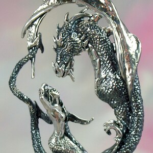 Mermaid & Dragon Enchantment Fantasy Jewelry Pendant in Sterling Silver image 2