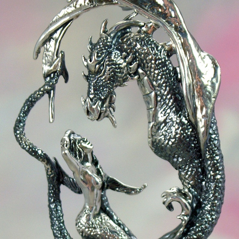 Mermaid & Dragon Enchantment Fantasy Jewelry Pendant in Sterling Silver image 2