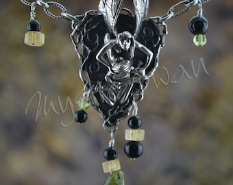 Faerie and Frog Mystical Fantasy Necklace with Vesuvianite, Peridot, Citrine and Black Onyx