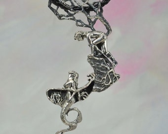 Mermaid "Encounter" Fantasy Jewelry Pendant in Sterling Silver