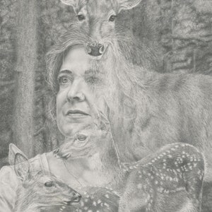 Deer With Fawns and Woman &quot;Steadfast Vigilance&quot; giclee spirit animal fine art print and graphite drawing, &quot;Animalia&quot; series