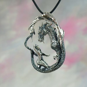 Mermaid & Dragon "Enchantment" Fantasy Jewelry Pendant in Sterling Silver