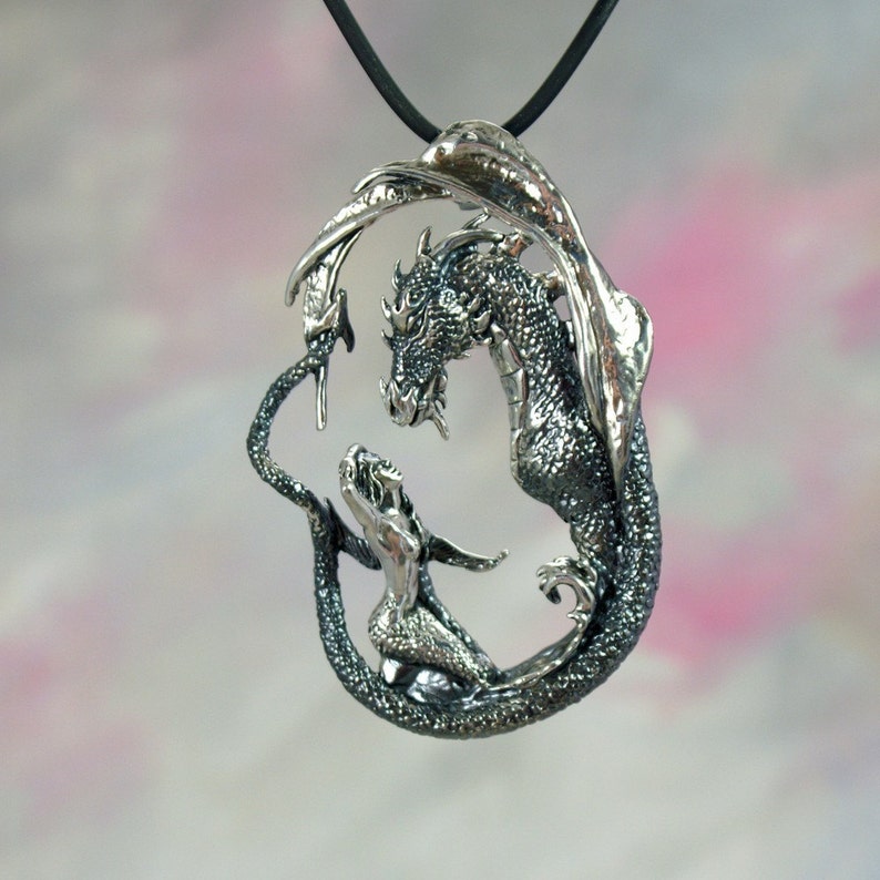 Mermaid & Dragon Enchantment Fantasy Jewelry Pendant in Sterling Silver image 1