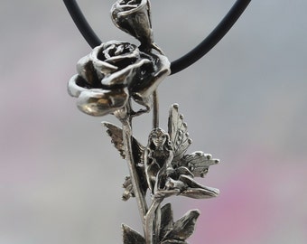 Rose Flower & Faerie Pendant in Sterling SIlver