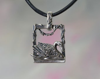 Swan Necklace, Sterling Silver Animal Jewelry, Small Swan Pendant with Vines