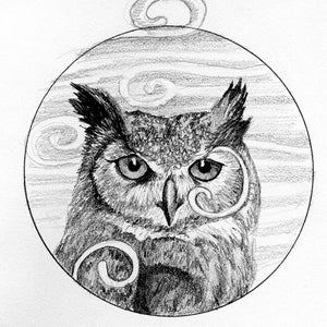May include: A detailed pencil drawing of an owl within a circular frame. The owl has large, expressive eyes and intricate feather details. Swirls and cloud-like patterns fill the background, and decorative swirls are on the owl's face.
