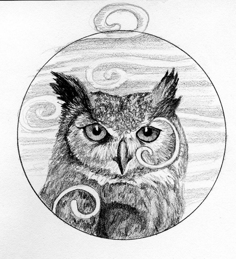 May include: A detailed pencil drawing of an owl within a circular frame. The owl has large, expressive eyes and intricate feather details. Swirls and cloud-like patterns fill the background, and decorative swirls are on the owl's face.