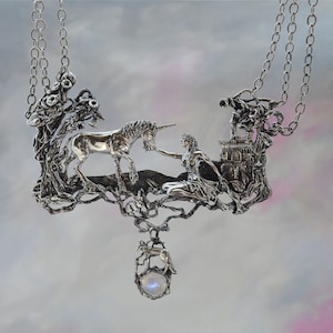 Unicorn and Maiden Fantasy Jewelry Necklace in Sterling Silver image 2