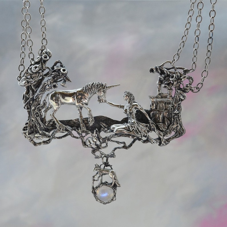 Unicorn and Maiden Fantasy Jewelry Necklace in Sterling Silver image 2