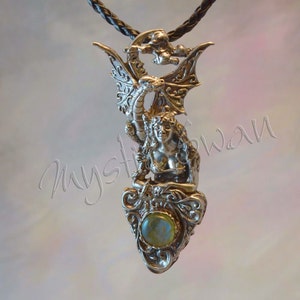 Fantasy Jewelry &quot;Magic Foretold&quot; Dragon & Maiden Pendant in Sterling Silver With Accent Stone