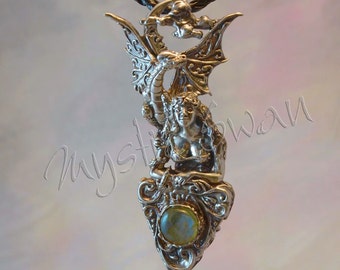 Fantasy Jewelry "Magic Foretold" Dragon & Maiden Pendant in Sterling Silver With Accent Stone