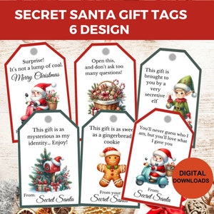 Secret Santa Gift Tags, Printable Christmas Gift Exchange Office Party Favor Tags, Family Holiday Secret Santa Claus Label, Digital Download