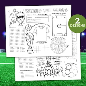 Può includere: Due fogli di attività in bianco e nero intitolati World Cup 2026 con giochi a tema calcistico tra cui un cruciverba, un labirinto, tris, frasi da completare e illustrazioni di un calciatore, un trofeo e un pallone da calcio.