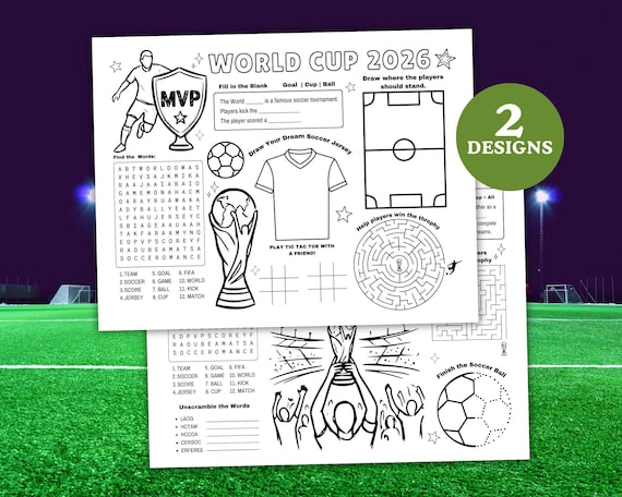Soccer World Cup 2026 Printable Coloring Page, Kids Activity Sheet Party Game, Word Search, Design Your Own Team Kit, Fun Kids Activities