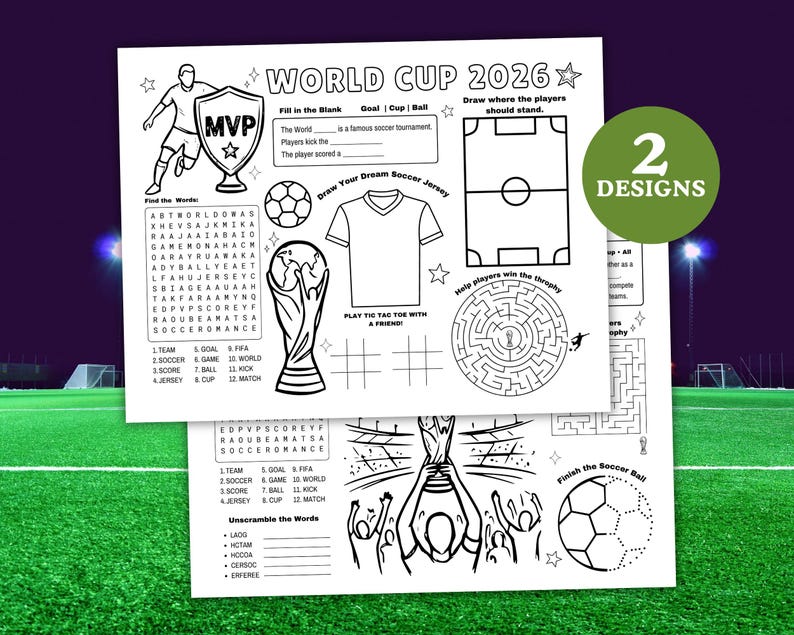 Puede incluir: Dos hojas de actividades en blanco y negro tituladas World Cup 2026 con juegos de f&uacute;tbol que incluyen una sopa de letras, un laberinto, tres en raya, preguntas para completar y dibujos de un jugador de f&uacute;tbol, un trofeo y un bal&oacute;n.