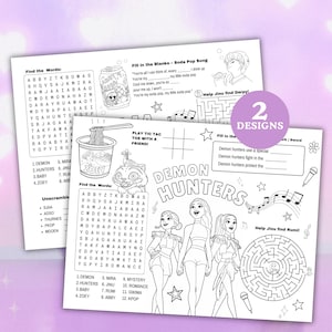 Op de afbeelding: Twee zwart-wit activiteitenbladen met de tekst "Demon Hunters" en diverse spelletjes. E&eacute;n blad bevat een woordzoeker, en de andere een doolhof en invuloefeningen. De bladen bevatten illustraties van stripfiguren en muzieknoten.