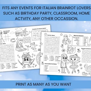 K&ouml;nnte beinhalten: Zwei schwarz-wei&szlig;e Arbeitsbl&auml;tter mit verschiedenen R&auml;tseln und Spielen, darunter Wortsuchr&auml;tsel und Labyrinthe. Die Bl&auml;tter zeigen Cartoon-Illustrationen und den Text "FITS ANY EVENTS FOR ITALIAN BRAINROT LOVERS".
