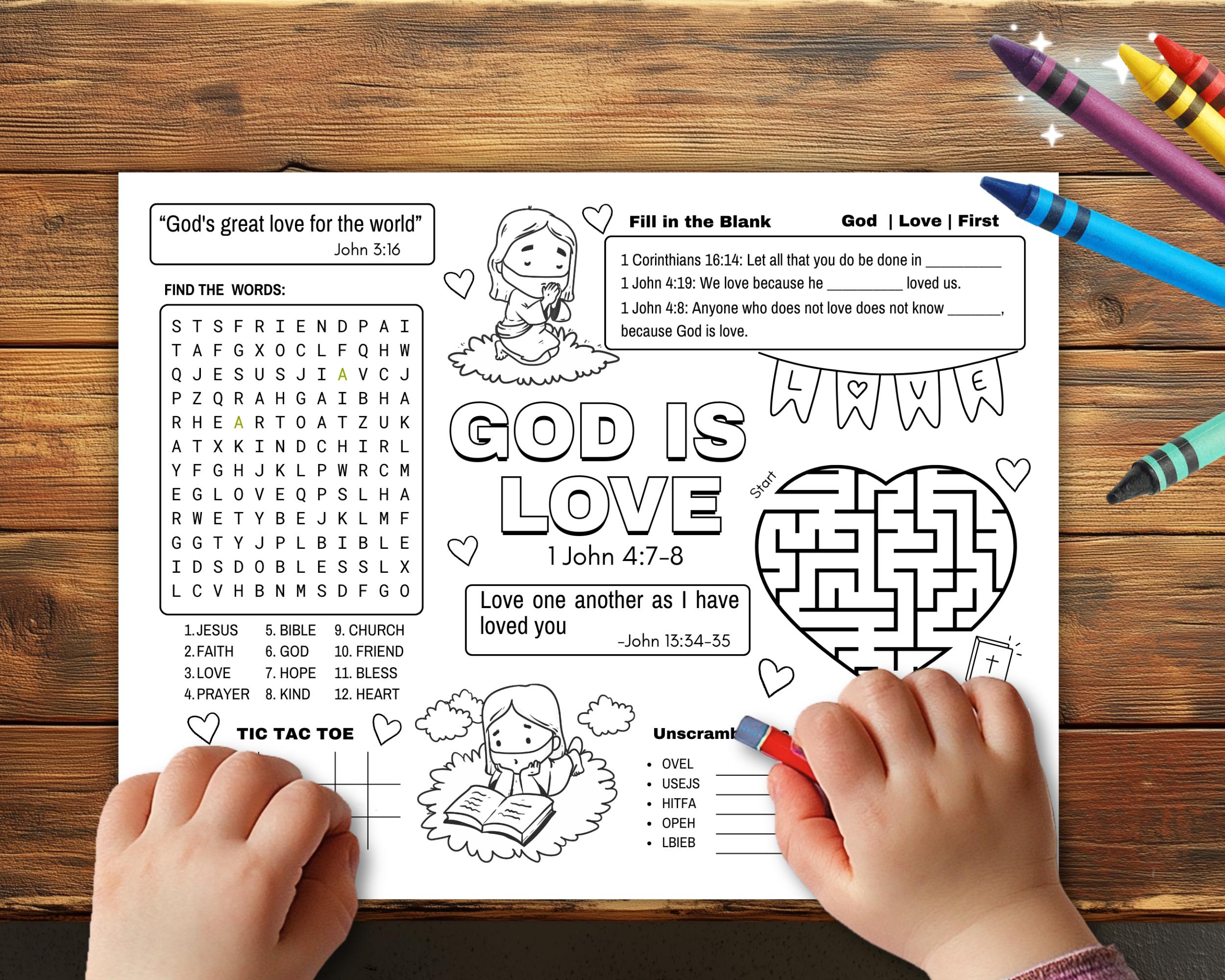 Bible Valentine Coloring Placemats, Christian God Loves Me Activity ...