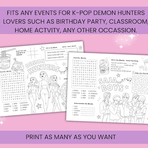 Op de afbeelding: Twee zwart-wit activiteitenbladen met woordzoekers, doolhoven en invulpuzzels. De bladen bevatten de tekst "DEMON HUNTERS" en "SAJA BOYS" met illustraties van personages in anime-stijl. De tekst "PRINT AS MANY AS YOU WANT" staat onderaan.