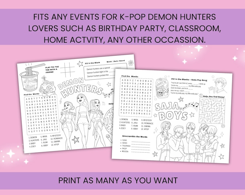 Op de afbeelding: Twee zwart-wit activiteitenbladen met woordzoekers, doolhoven en invulpuzzels. De bladen bevatten de tekst "DEMON HUNTERS" en "SAJA BOYS" met illustraties van personages in anime-stijl. De tekst "PRINT AS MANY AS YOU WANT" staat onderaan.