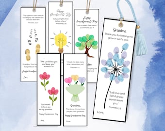 May include: A collection of seven rectangular paper bookmarks featuring various illustrations created with fingerprints, including a lightbulb, a tree, flowers, and a dandelion. Each bookmark displays religious text and quotes, with one bookmark featuring a light blue tassel.