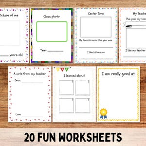May include: A collection of 20 fun worksheets with colorful borders and text. Each worksheet has a different theme, including "A Picture of Me," "Class Photo," and "My Teacher." The text "20 FUN WORKSHEETS" is at the bottom.