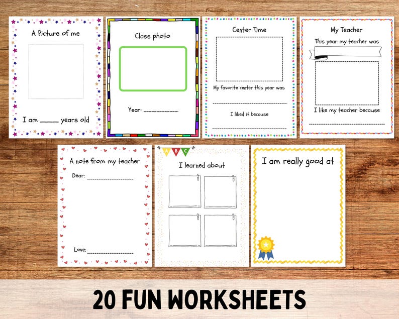 May include: A collection of 20 fun worksheets with colorful borders and text. Each worksheet has a different theme, including "A Picture of Me," "Class Photo," and "My Teacher." The text "20 FUN WORKSHEETS" is at the bottom.