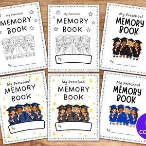 May include: Six preschool memory book covers are displayed, each with a different illustration of children in graduation attire. The covers feature the text "My Preschool MEMORY BOOK" with space to write "By:". The covers have a colorful border.