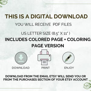 May include: Digital download announcement with text: "THIS IS A DIGITAL DOWNLOAD." Includes PDF files, US Letter size (8.5" x 11"). Features icons for download, print, and enjoy. The text also mentions colored and coloring page versions.