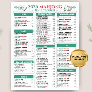 May include: A 2026 Mahjong hand tracker score sheet featuring green headers, organized columns for consecutive runs, winds, dragons, and various number combinations, with a gold circular badge stating SCORECARDS INCLUDED on the right side.