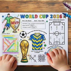 Puede incluir: Una hoja de actividades de la Copa Mundial 2026 con un jugador de f&uacute;tbol, un trofeo, una sopa de letras, una secci&oacute;n para dibujar una camiseta, un juego de tres en raya y un diagrama de campo. La p&aacute;gina incluye texto como World Cup 2026, MVP.