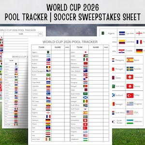 Könnte beinhalten: Ein World Cup 2026 Pool-Tracker und Fußball-Gewinnspielblatt mit einem Rasterlayout, das Teamnamen, Nationalflaggen sowie Spalten für Teilnehmernamen und Zahlungsstatus enthält. Das Dokument listet verschiedene Länder und deren Flaggen auf.
