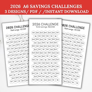 Puede incluir: Tres imprimibles de desafíos de ahorro A6 con un encabezado rojo que dice "2026 A6 SAVINGS CHALLENGES 3 DESIGNS / PDF / / INSTANT DOWNLOAD". Cada imprimible tiene una cuadrícula hexagonal con cantidades para ahorrar, por un total de $2,026.