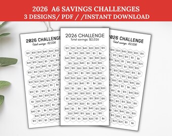 2026年A6貯蓄チャレンジ印刷可能、新年チャレンジA6現金詰め込みトラッカー、現金封筒貯蓄、予算トラッカーデジタルダウンロード