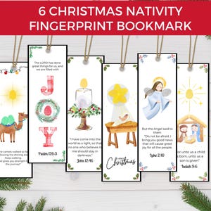 May include: A set of six Christmas Nativity fingerprint bookmarks. Each bookmark displays watercolour illustrations of religious scenes, including a camel, angel, and baby Jesus. Text includes Bible verses and the words "JOY" and "Christmas."