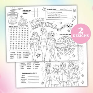 Op de afbeelding: Twee activiteitenvellen met de tekst "DEMON HUNTERS" en diverse spelletjes. Bevat een woordzoeker, invuloefeningen, een doolhof en het ontrafelen van woorden. Met cartoon illustraties van personages en muzieknoten. In zwart-wit.