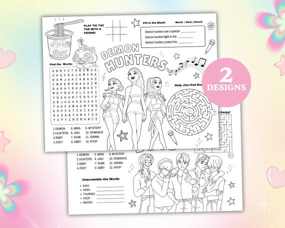 Demon Hunters Saja Boys Kpop Coloring Placemat Printables, Kpop Huntrix Kids Party Activity For Birthday, School, Family Dinner, Other Event