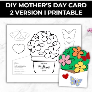 Bricolage carte pliable fête des mères imprimable, carte de fête des mères à colorier pot de fleur pour enfants de tous âges, artisanat pliable fête des mères