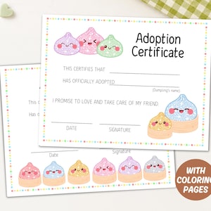 Op de afbeelding: Een rechthoekig adoptiecertificaat met een kleurrijke gestippelde rand en illustraties van glimlachende, glinsterende dumplings. De tekst luidt Adoption Certificate, This certifies that, has officially adopted en I promise to love and take care of my friend.