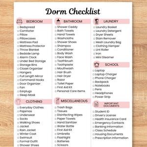 May include: A white paper Dorm Checklist with black text and pink headers. The list is organized into categories including Bedroom, Bathroom, Laundry, School, Clothing, Miscellaneous, and Important Documents, each with checkboxes for items.