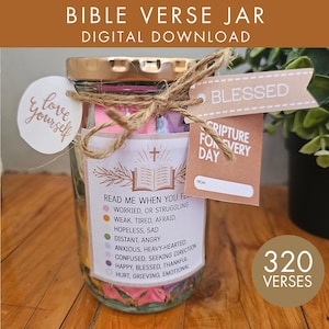 Könnte beinhalten: Ein Glas mit bunten Papierzetteln, die mit Bindfaden zusammengebunden und mit einem goldenen Deckel versehen sind. Das Glas hat ein Etikett mit der Aufschrift "Read Me When You Feel..." und ein Etikett mit der Aufschrift "Blessed" und "Scripture For Every Day". Das Glas enthält 320 Verse.