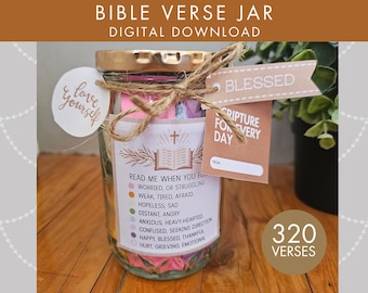 Kit imprimable de pots de versets bibliques, pot d'encouragement quotidien pour les Écritures, idée cadeau chrétien, cadeau de pot de prière pour les moments difficiles, cadeau de soutien biblique