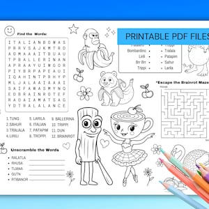 K&ouml;nnte beinhalten: Schwarz-wei&szlig;es, druckbares PDF-Arbeitsblatt mit Wortsuchr&auml;tseln, Wortr&auml;tseln, einem Labyrinth und Illustrationen eines Affen, Pandas, einer Ballerina und anderer Charaktere. Der Text "Printable PDF Files" steht oben.
